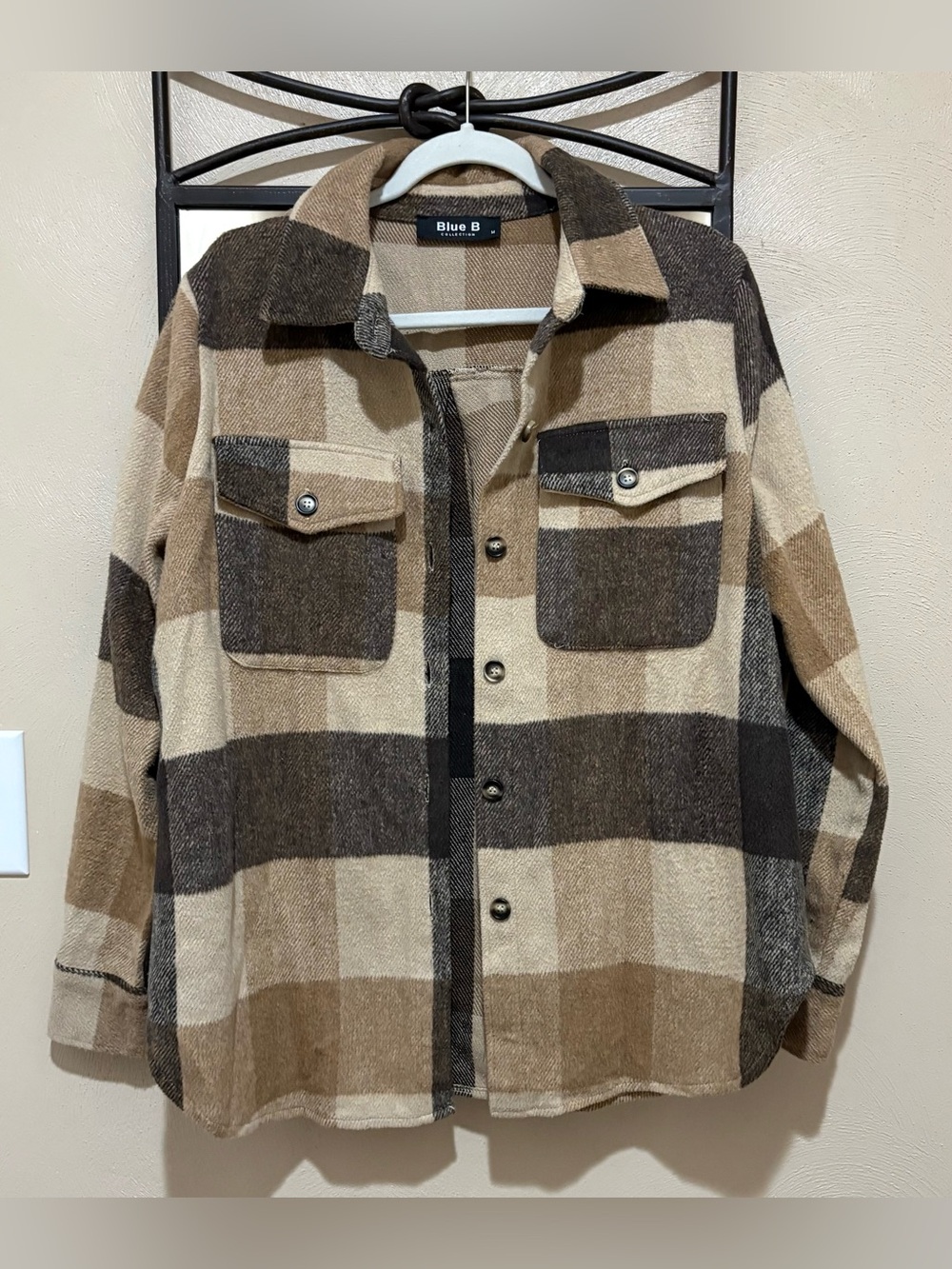 Blue B Plaid Lightweight Shacket in Brown and Cream